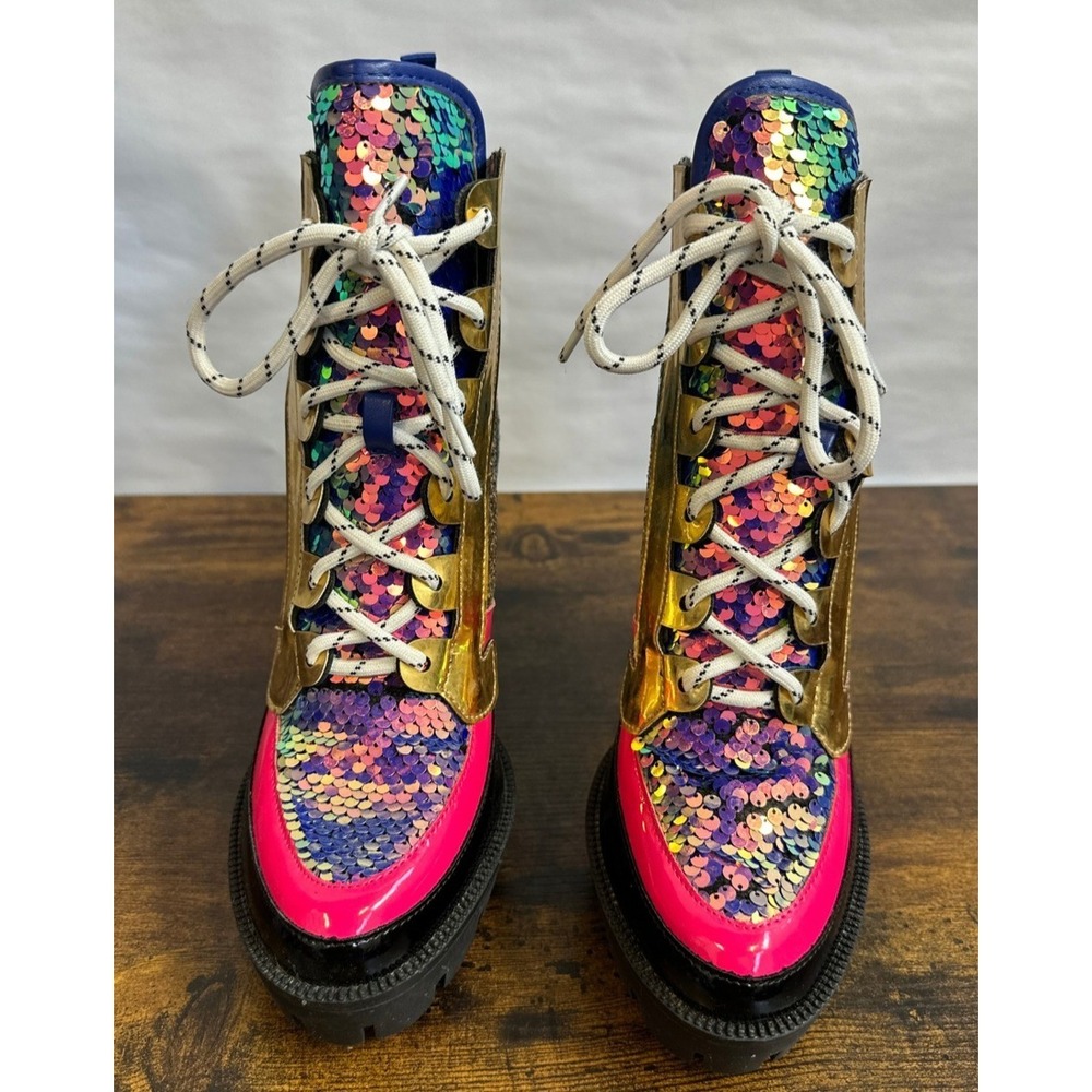 Cape Robbin Nell Glitter Chunky High Heel Platform Lace Up Boot Mermaid Womens 9 - Picture 15 of 16